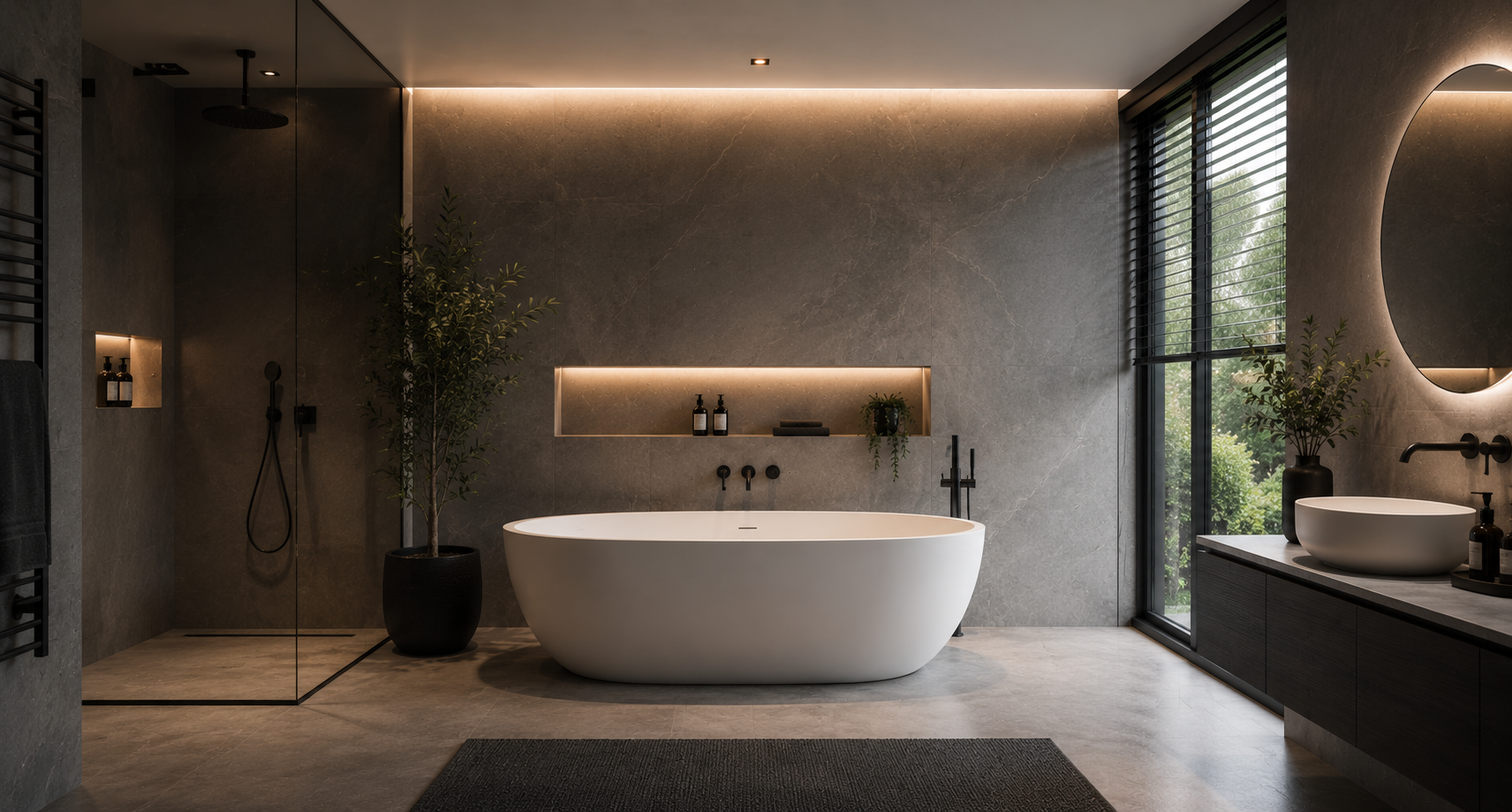 Modernes Luxusbad mit freistehender Badewanne und großem Fenster