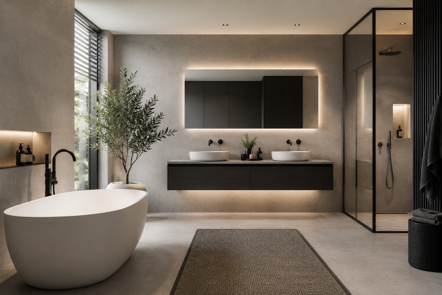 Modernes Luxusbad mit freistehender Badewanne
