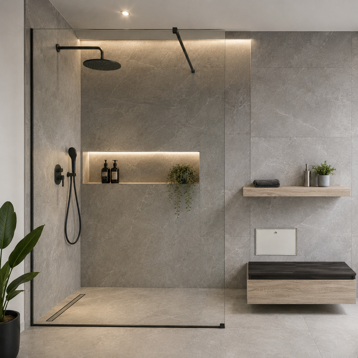 Modernes Badezimmer mit Walk-in-Dusche und Holzregal