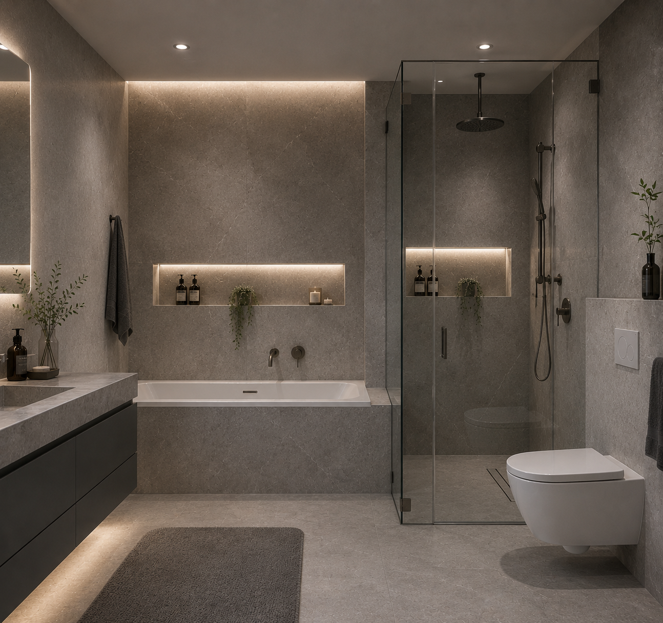 Modernes Badezimmer mit Glasdusche, Badewanne und indirekter Beleuchtung